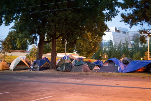 A group of tents inhabited by unhoused people.