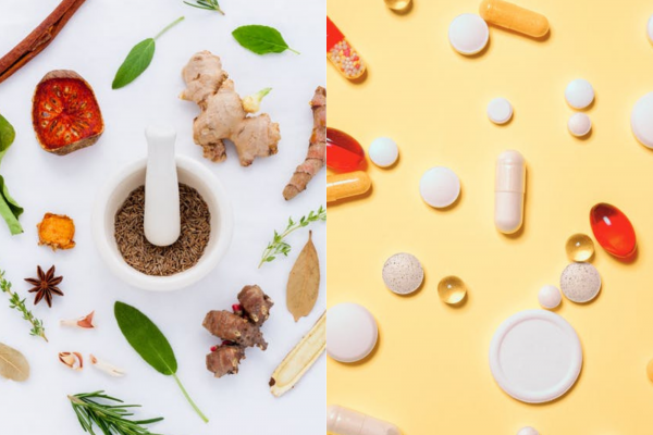 A mortar and pestle surrounded by herbal ingredients on the left, various sizes of pills on the right
